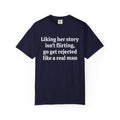 True Navy Rejected Like A Real Man tee with white serif text, front view