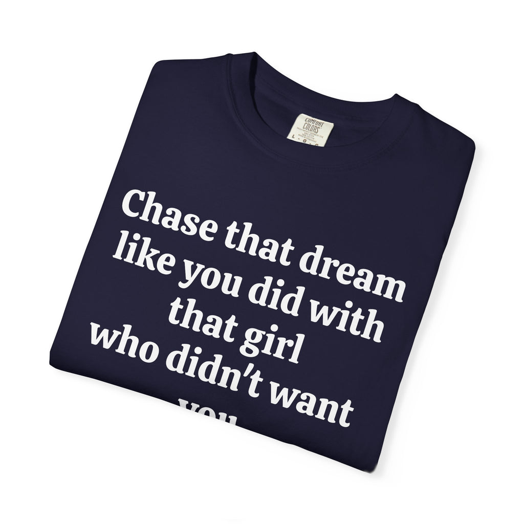 True Navy Chase That Dream tee folded, close-up of white print