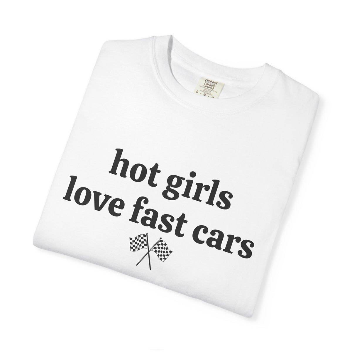 White Hot Girls Love Fast Cars tee folded, close-up of print and checkered flags