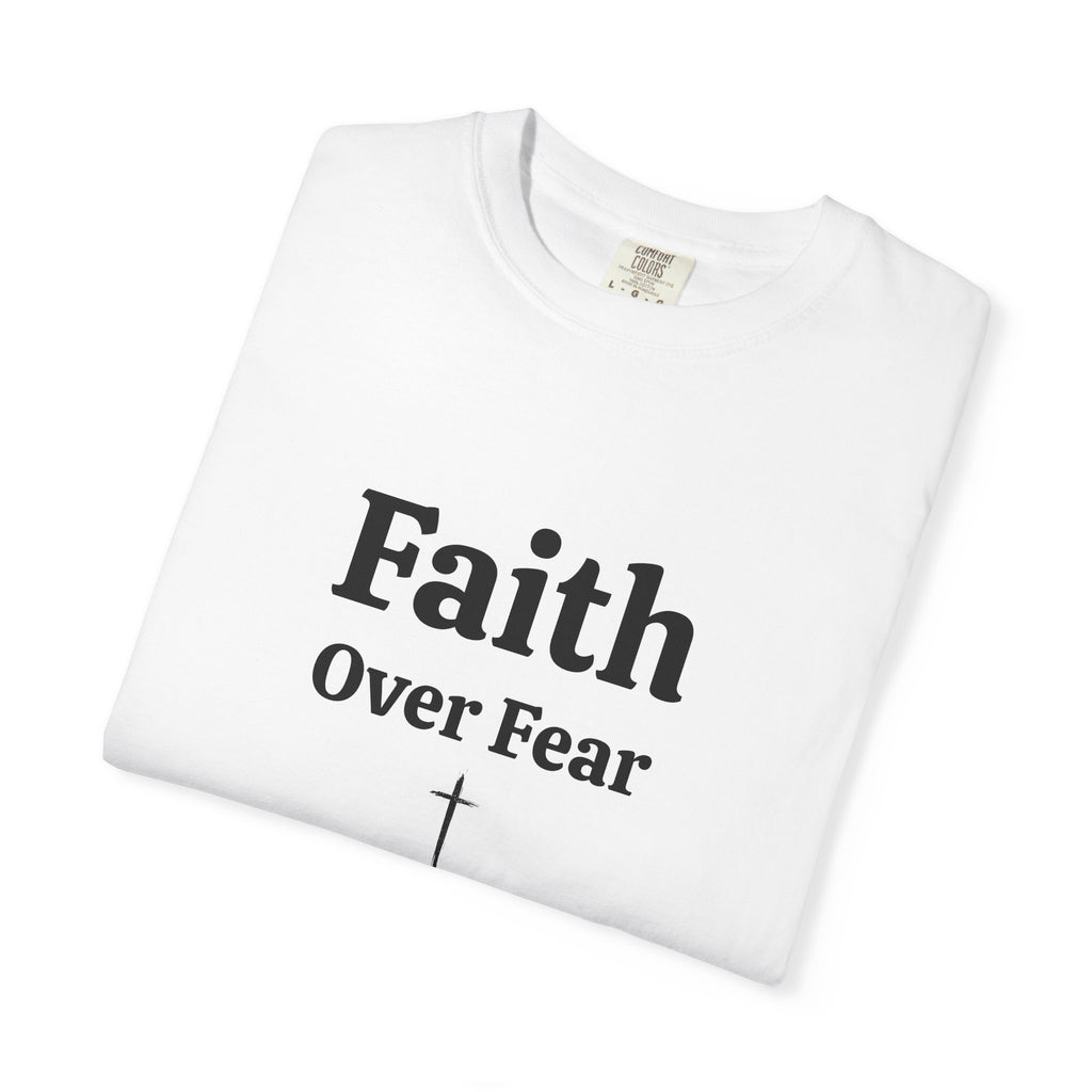 White Faith Over Fear tee folded, close-up of print