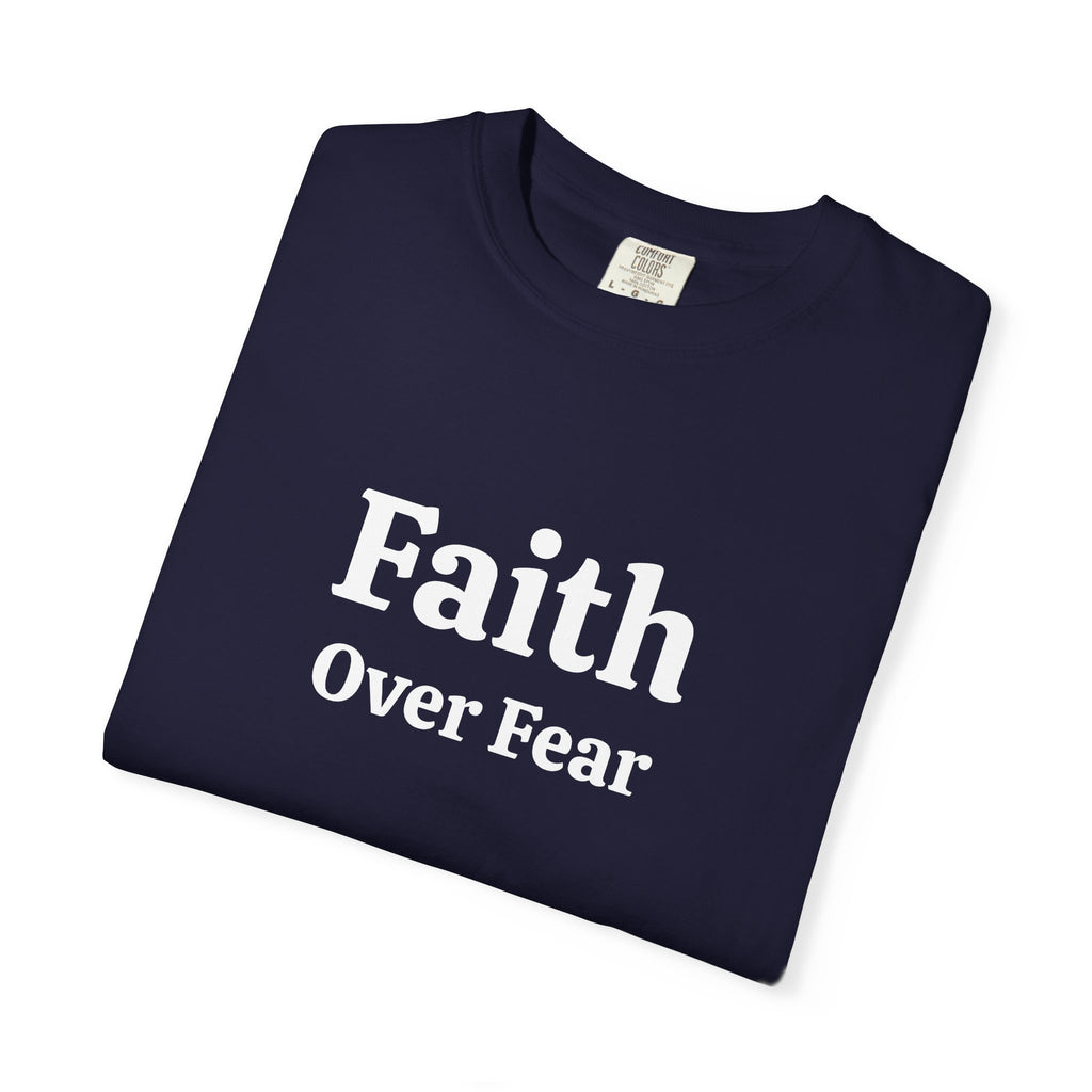 True Navy Faith Over Fear tee folded, close-up of white print
