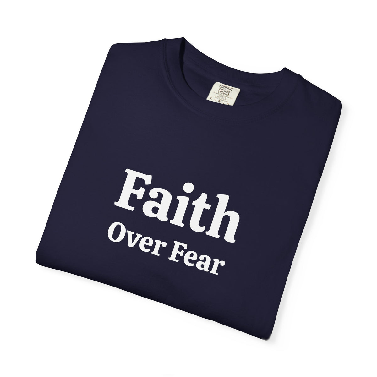 True Navy Faith Over Fear tee folded, close-up of white print