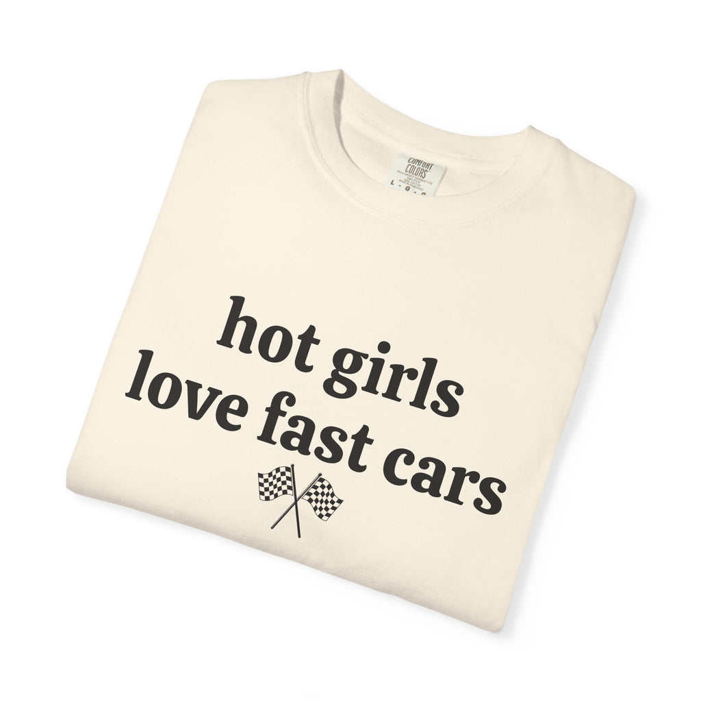 Ivory Hot Girls Love Fast Cars tee folded, close-up of print and checkered flags