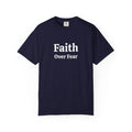 True Navy Faith Over Fear tee with white serif text, front view