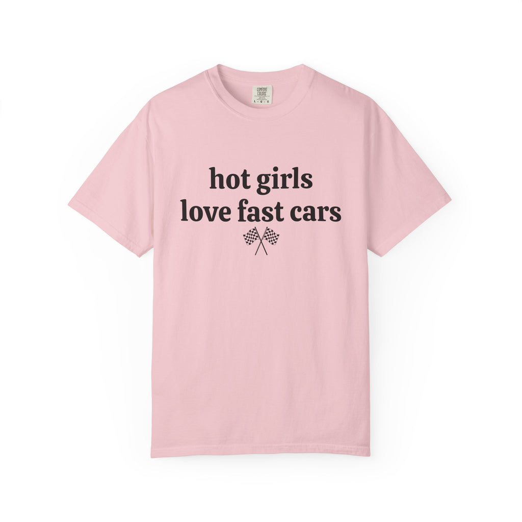 Blossom pink Hot Girls Love Fast Cars tee with black serif text and checkered flags, front view
