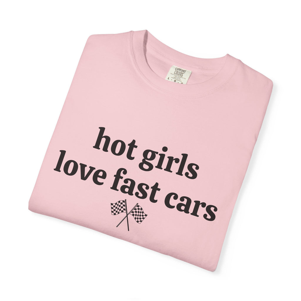 Blossom pink Hot Girls Love Fast Cars tee folded, close-up of print and checkered flags