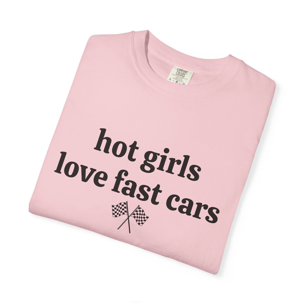 Blossom pink Hot Girls Love Fast Cars tee folded, close-up of print and checkered flags