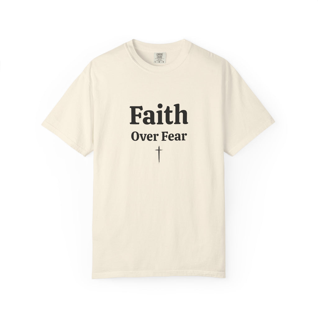 Ivory Faith Over Fear tee with black serif text and small cross, front view